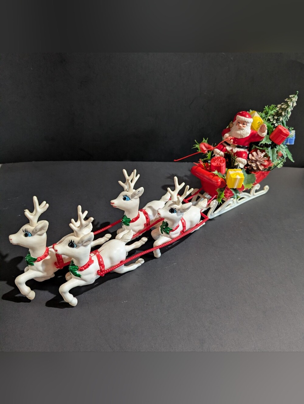 Vtg Blow Mold Santa Sleigh Reindeer Table Top Christmas 20 " Long Hong Kong